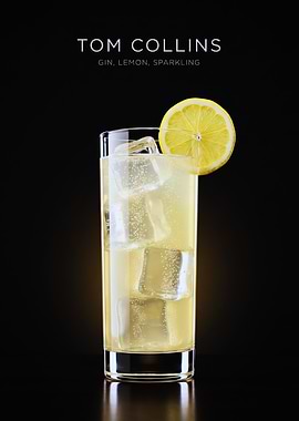 Tom Collins Highball with Lemon Wheel — Minimalist Sparkling Gin Cocktail Print