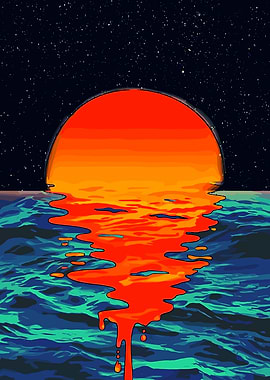 Surreal Sunset Over Starry Ocean
