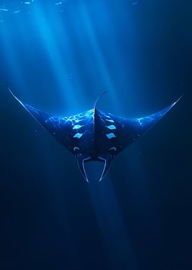 Manta Ray Swimming in Deep Blue Ocean