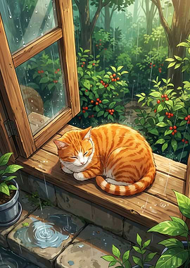 Orange Cat Sleeping in the Rain
