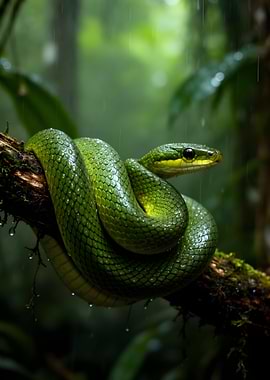 Green snake in the rain