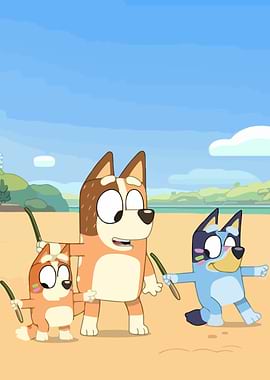 Bluey characters on a beach