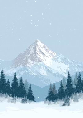 Snowy Mountain Landscape with Pine Trees