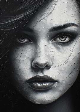 Monochromatic Portrait of a Womanwith cracked silver face and dark eyes