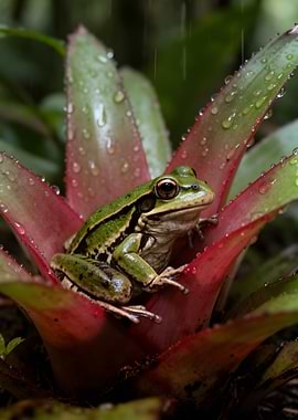Green frog on a bromeliad plant