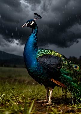Peacock in the rain