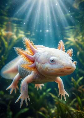 Albino Axolotl Underwater