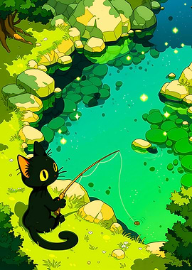 Black Cat Fishing by a Stream