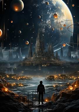 Futuristic City with Planets