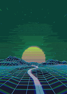 Retro Futuristic Landscape with Sun