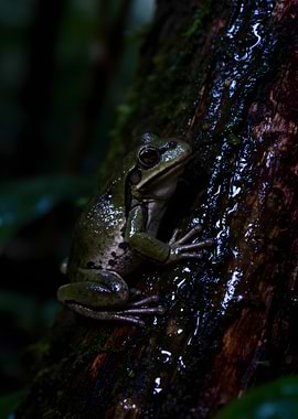 Green frog on a wet tree trunk
