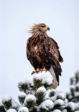 Eagle perched on a snowy pine tree