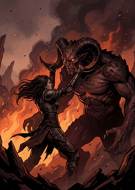 Warrior Fights a Demon in Fiery Landscape