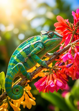 Chameleon on a Branch with Flowers