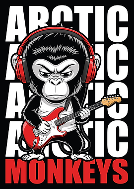 Monkey playing guitar with headphones