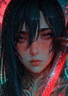 Anime Woman with Red Eyes and Katana