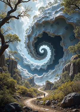 Surreal Spiral Landscape with Hiker