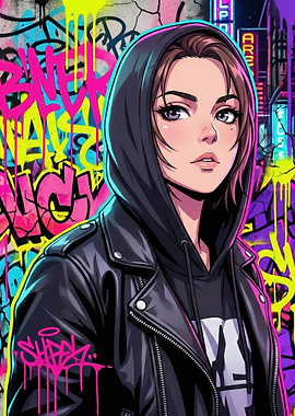 Anime Girl in Leather Jacket and Hoodie