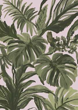 Green Tropical Leaves on Pink Background