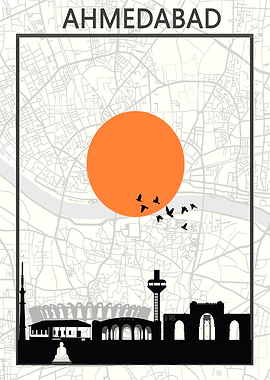 Ahmedabad Skyline with Sun and Birds