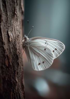 White Butterfly on Tree Bark
