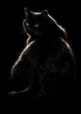 Black Cat Black Background - Back View Looking at Camera