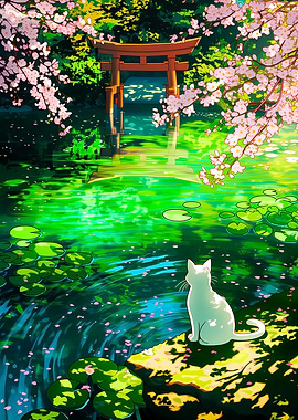 White Cat by Torii Gate Pond