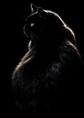 Black Cat Black Background - Rear View Looking Over Shoulder