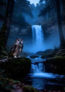 Owl by a Waterfall