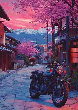 Motorcycle on a Japanese Street at Sunset