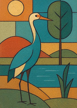 Stylized Heron by a Lake