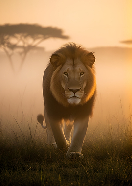 Lion walking in misty sunrise