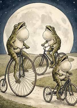 Frogs Riding Bicycles Under the Moon