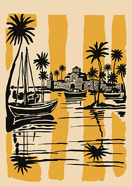 Coastal Scene with Sailboat and Architecture