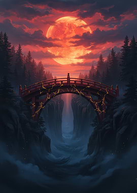 Crimson Moon Over Cracked Bridge