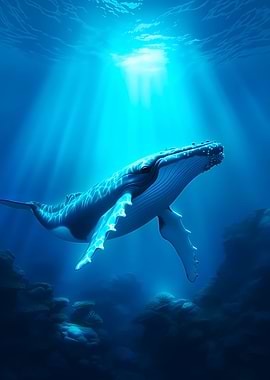 Humpback whale swimming in blue ocean