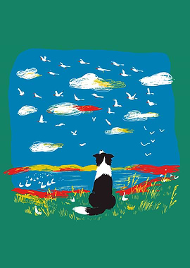 Dog watching birds and clouds