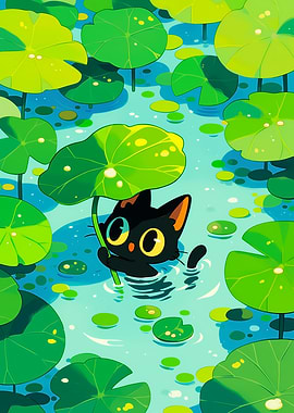 Cute Black Cat in Lotus Pond