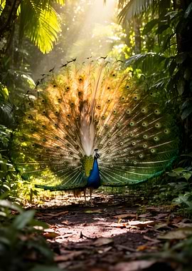 Peacock displaying feathers in forest