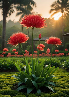 Red Flowers in a Lush Garden at Sunrise