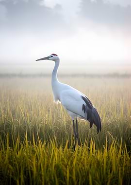 Whooping Crane in a Misty Rice Field