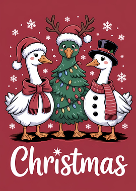 Christmas Ducks with Tree and Snowman