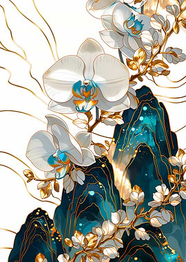 White Orchids on Teal Mountains