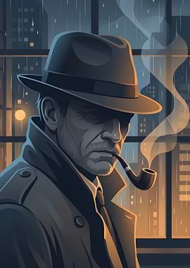 Detective smoking pipe in the rain