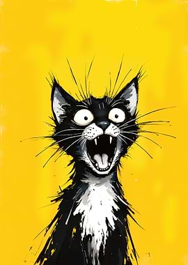 Scared Black Cat on Yellow Background