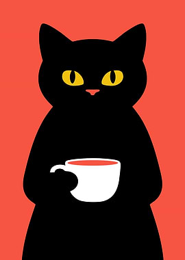 Black Cat Holding a Coffee Cup