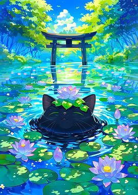Black Cat in Lotus Pond