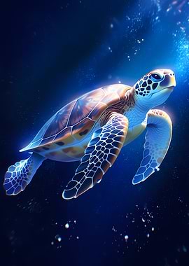 Sea Turtle Swimming in Blue Water