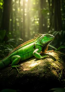 Green Iguana in a Sunlit Forest