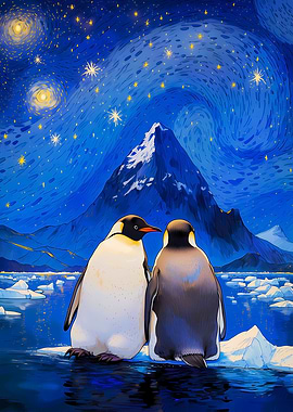 Penguins under a starry night sky